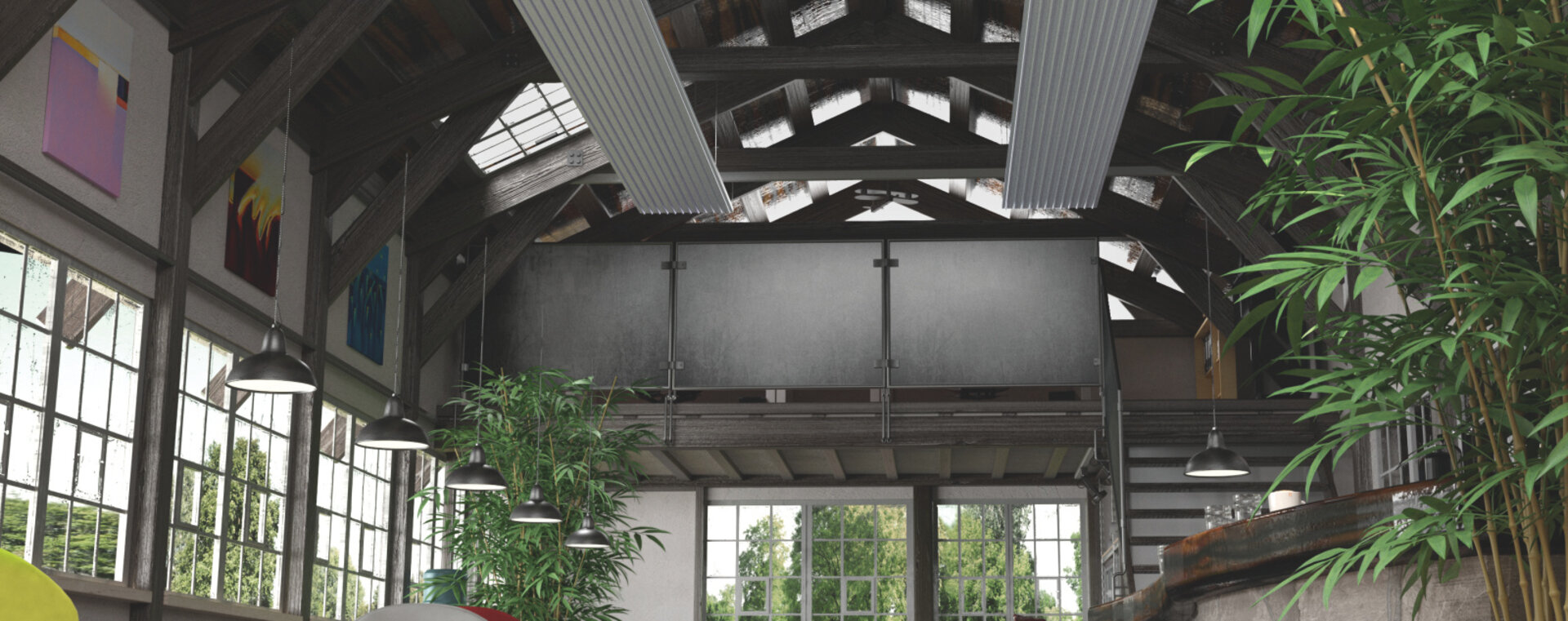 Rendering Zehnder ZFP Urban Heating and cooling ceilings Angled view